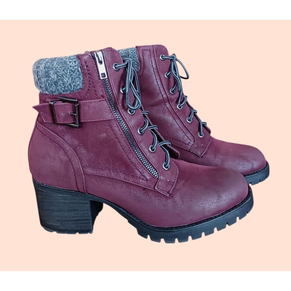 MIA Women's Size 11 Vegan Faux Leather Burgundy Caelyn Lace Up Block Heel Boots